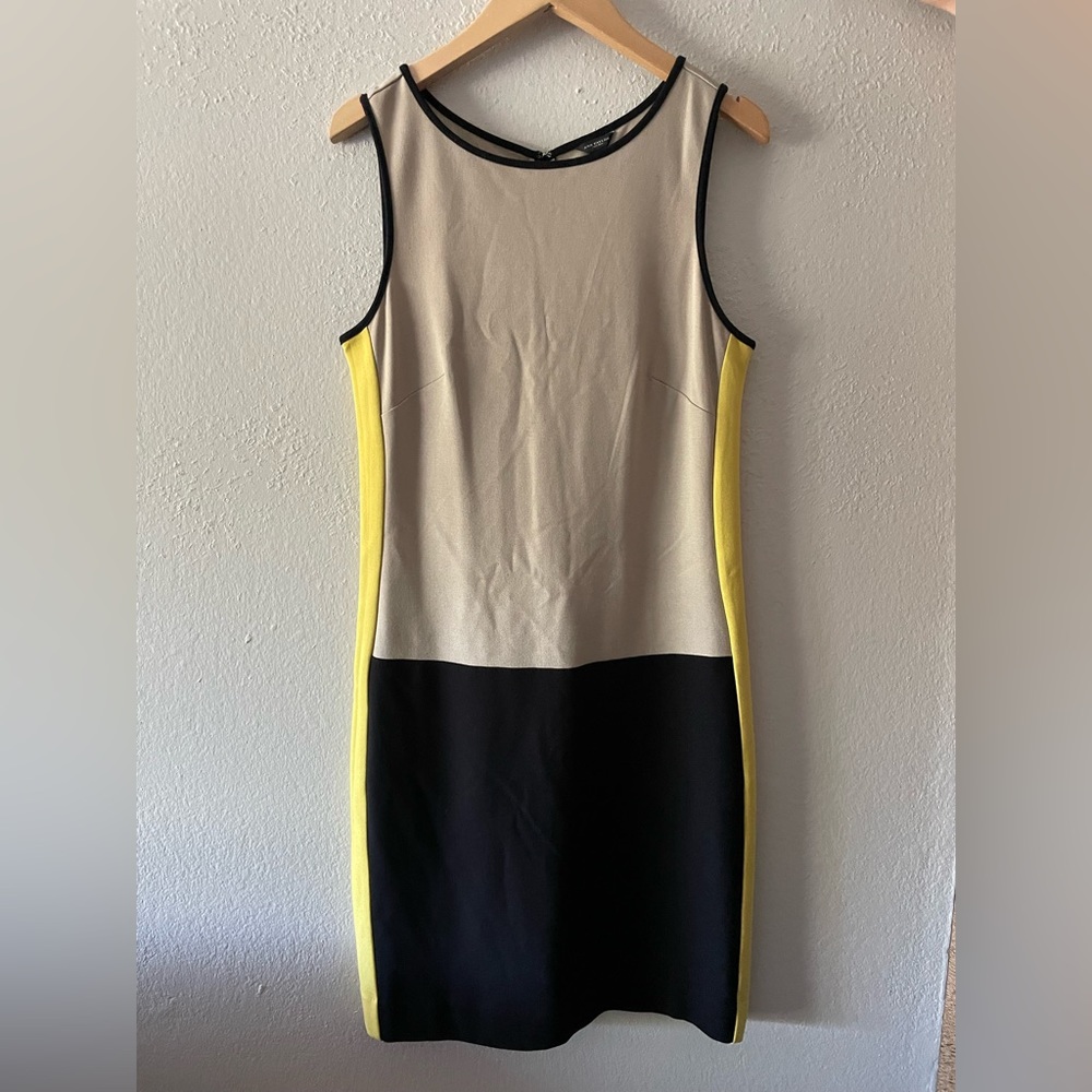 Ann Taylor Womens Dress Size XS Tan Black Yellow Color Block Sheath Soft Stretch